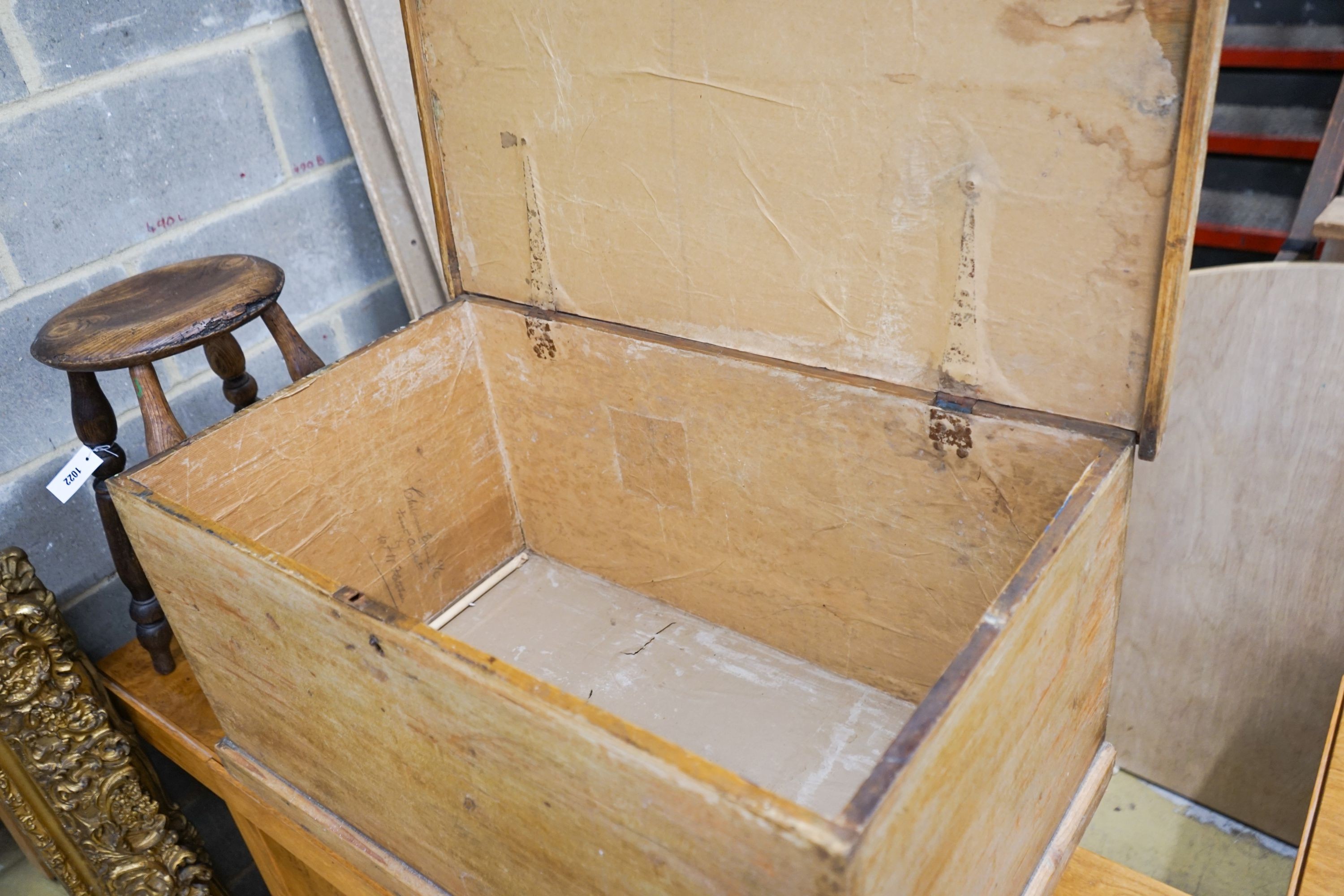 A Victorian rectangular pine trunk, length 83cm, depth 49cm, height 51cm, together with a provincial elm stool